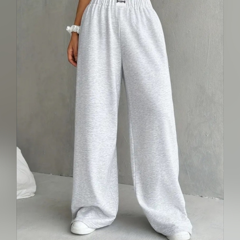 WIDE LEG ELASTIC WAIST RELAXED FIT SWEAT PANTS LIGHT GREY NEW IN PACKAGE
